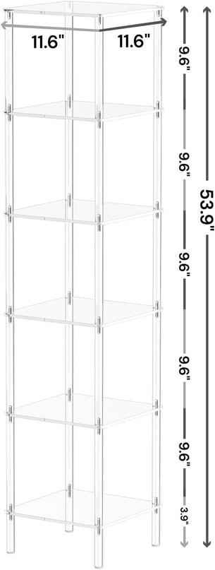 6 Tier Square Acrylic Bookshelf, Small Bookcase with Acrylic Fittings for Fixing to Wall, Corner Display Shelf for Living Room, Bedroom, Bathroom, Small Spaces, Clear, 11.6'' W x 53.9'' H - LeafyLoom