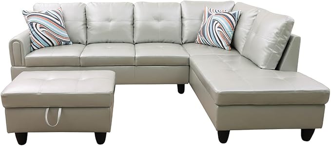 3-Piece L-Shaped Sectional Couches Lounge & Storage, 97.5'' Linen Modular Living Room Home Office, 3pcs 97'' Sofa+66.5'' Chaise+28.5'' Ottoman(Right), Silver Green Faux Leather - LeafyLoom