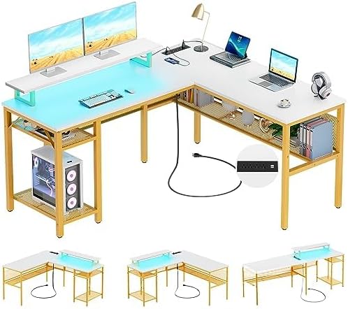 Unikito Reversible L Shaped Desk with Power Outlets and Smart LED Light, 55 Inch Computer Office Desk, Unique Grid Design, Corner Writing Gaming Table with Monitor Stand and Storage Shelf, White - LeafyLoom