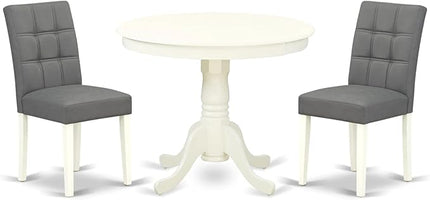 East West Furniture ANAS3-LWH-41 Antique 3 Piece Kitchen Set consists A Wooden Table and 2 Platinum Gray Faux Leather Person Chairs with Stylish Back, Linen White Finish, 36x36 Inch - LeafyLoom