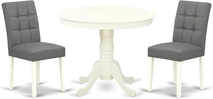 East West Furniture ANAS3-LWH-41 Antique 3 Piece Kitchen Set consists A Wooden Table and 2 Platinum Gray Faux Leather Person Chairs with Stylish Back, Linen White Finish, 36x36 Inch - LeafyLoom