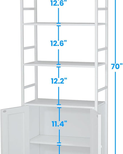 White Bookshelf with Doors,70" Tall Bookcase with Storage Cabinet,6 Tier Book Shelf for Living Room/Bedroom/Home Office/Kitchen,70"(H)*26"(L)*11.8"(W) - LeafyLoom