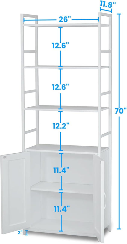 White Bookshelf with Doors,70" Tall Bookcase with Storage Cabinet,6 Tier Book Shelf for Living Room/Bedroom/Home Office/Kitchen,70"(H)*26"(L)*11.8"(W) - LeafyLoom
