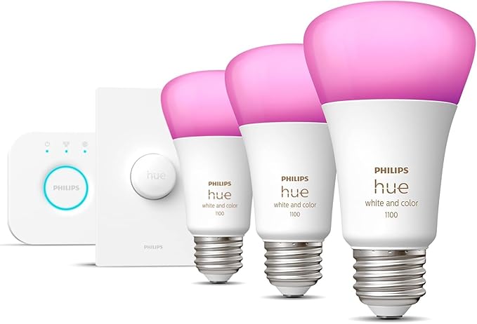 Philips Hue Smart Light Starter Kit - Includes (1) Bridge, (1) Smart Button and (3) Smart 75W A19 LED Bulbs - White and Color Ambiance - 1100LM - E26 - Control with Hue App or Voice Assistant PhilipsHue