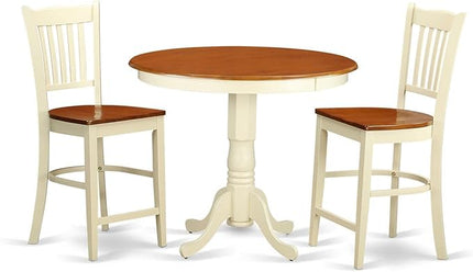 East West Furniture JAGR3-WHI-W 3 Piece Kitchen Counter Height Dining Table Set Contains a Round Pub Table with Pedestal and 2 Dining Room Chairs, 36x36 Inch, Buttermilk & Cherry - LeafyLoom