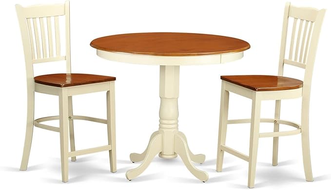 East West Furniture JAGR3-WHI-W 3 Piece Kitchen Counter Height Dining Table Set Contains a Round Pub Table with Pedestal and 2 Dining Room Chairs, 36x36 Inch, Buttermilk & Cherry - LeafyLoom