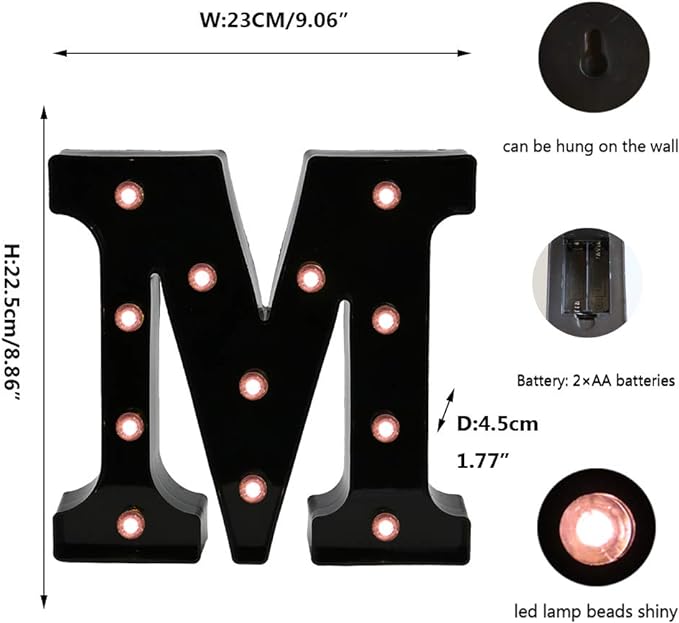 Light Up Black Alphabet Marquee Letters Sign LED Marquee Number Lights Sign for Night Light Home Bar Christmas Party Lamp Wedding Birthday Decoration M - LeafyLoom