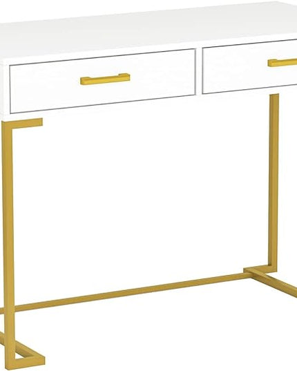 Tribesigns 40 Inch Computer Desk, White and Gold Desk with 2 Drawers, Modern Simple Home Office Desk, Gold Writing Desk Study Table for Bedroom, Modern Makeup Vanity Desk for Small Spaces - LeafyLoom