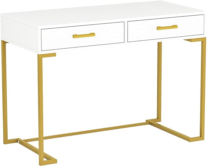 Tribesigns 40 Inch Computer Desk, White and Gold Desk with 2 Drawers, Modern Simple Home Office Desk, Gold Writing Desk Study Table for Bedroom, Modern Makeup Vanity Desk for Small Spaces - LeafyLoom