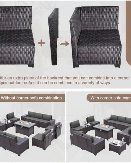 Patio Furniture Sectional Sofa Set 13-Pieces PE Rattan Patio Conversation Set w/43in Gas Fire Pit Table, Outdoor Furniture with 55000 BTU Propane Fire Pit, Grey - LeafyLoom