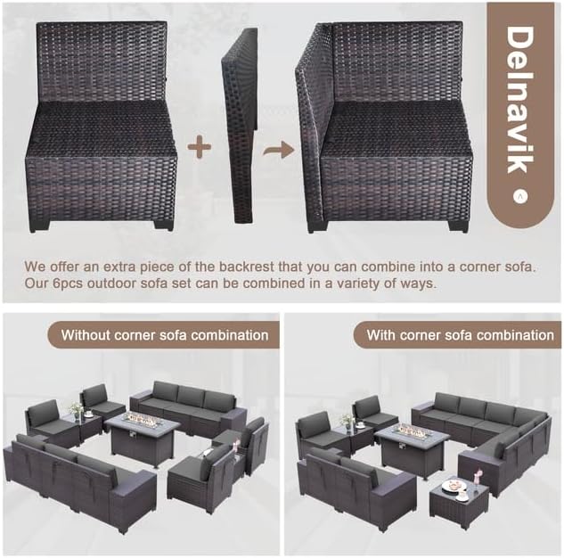 Patio Furniture Sectional Sofa Set 13-Pieces PE Rattan Patio Conversation Set w/43in Gas Fire Pit Table, Outdoor Furniture with 55000 BTU Propane Fire Pit, Grey - LeafyLoom