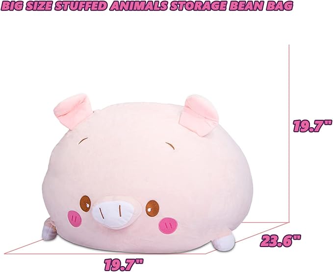 Stuffed Animal Storage Bean Bag Chair Cover for Kids Pink Pig Plush Bean Bag Chair for Girls Large Size Toy Organizer Cover Only Without Filling - LeafyLoom