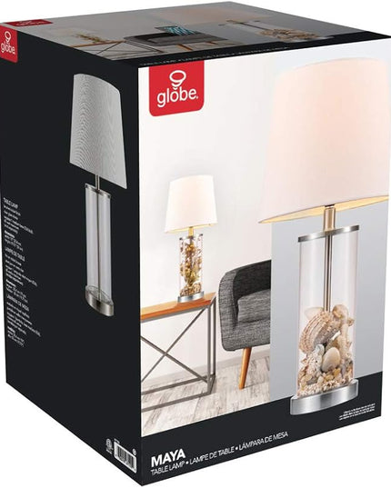 Globe Electric 67155 20" Fillable Table Lamp, Clear Glass and Steel Base, White Fabric Shade, Reading Light, Home Essentials, Bedroom, Nightstands, Room Décor, Dorm - LeafyLoom
