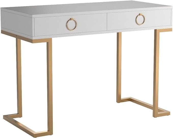 Nathan James Leighton Two-Drawer Writing Glam Accents Brass, Home Office Computer Desk or Vanity Table, 2, White/Gold, Small - LeafyLoom