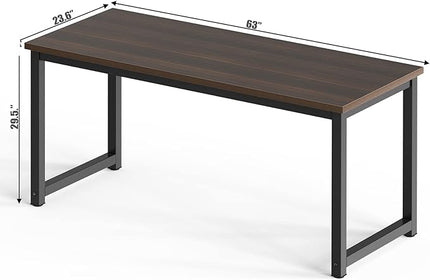 NSdirect Large Office Desk for Home Office, Large 63” Computer Desk Table, Wide Writing Study Desk for 2 Person, Metal Sturdy Frame Thicker Steel Legs, Black Chocolate - LeafyLoom