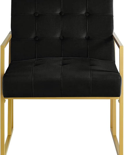 24KF Modern Black Velvet Button Tufted Accent Chair with Golden Metal Stand, Decorative Furniture Chairs for Living Room Bedroom - Black - LeafyLoom