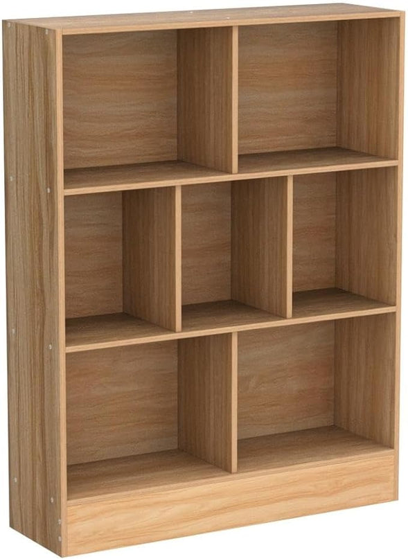 LEYAOYAO 7 Cube Bookshelf with Base,3 Tier Mid-Century Modern Natural Bookcase,Standing Wide Bookshelves Storage Organizer Shelf,Rustic Wood Display Cabinet Book Shelves for Bedroom,Living Room,Office - LeafyLoom