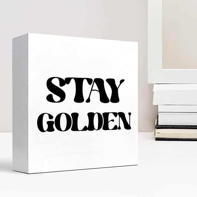Stay Golden Wood Block Sign Desk Decor,Rustic Positive Wooden Box Plaque Sign Desk Decor for Home Girls Room Office Shelf Table Decor Decorations - LeafyLoom