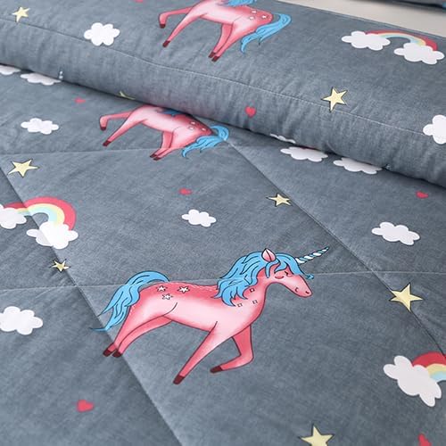3PCS Gray Unicorn Comforter Set Twin, Bed in a Bag Unicorn Cute Room Decor, Wrinkle and Fade Resistant, Lightweight Twin Size Comforter Set for Boys, Girls Kids and Teens, Twin - LeafyLoom