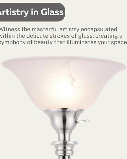LIGHTACCENTS Silver Floor Lamp for Living Room with White Alabaster Glass Shade - Stand Up Torchiere Lamp - Durable Iron Scrollwork - Brushed Nickel Pole Lamp - Elegant Floor Lamp for Bedrooms - LeafyLoom