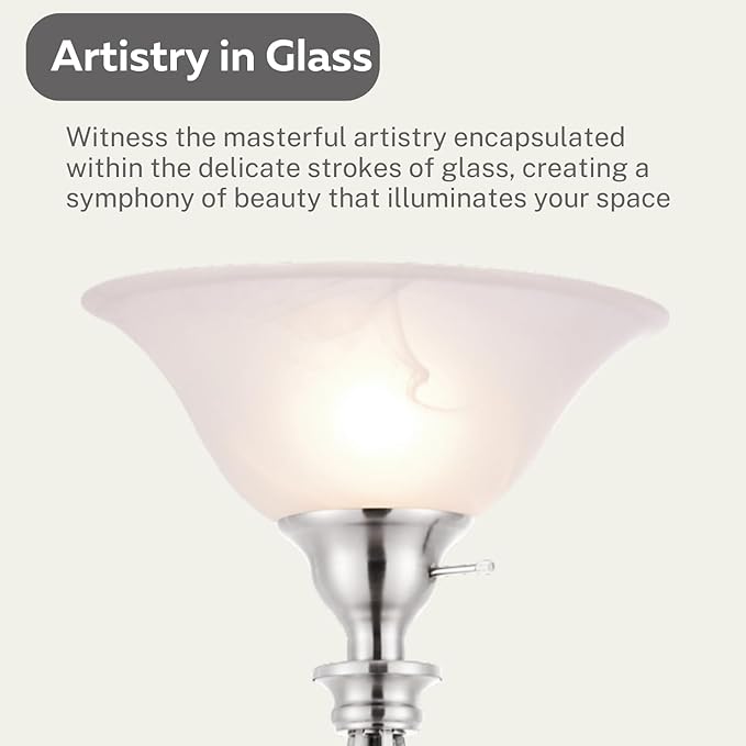 LIGHTACCENTS Silver Floor Lamp for Living Room with White Alabaster Glass Shade - Stand Up Torchiere Lamp - Durable Iron Scrollwork - Brushed Nickel Pole Lamp - Elegant Floor Lamp for Bedrooms - LeafyLoom