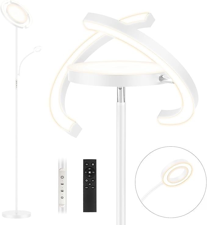 FIMEI 3 in 1 Floor Lamp, Modern Bright Standing Lamp with Split Rotatable Outer Ring Light and Small Reading Light, 4 Color and Dimmable, 3-Way Independent Control for Living Room Office, White - LeafyLoom