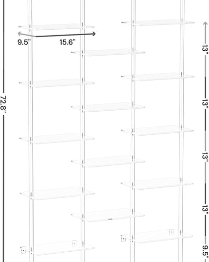 Acrylic Bookshelf, Wall Mounted, 5-Tier Clear Ladder Bookshelf with 14 Open Shelves, Multipurpose Bookcase for Living Room, Bathroom, Office, Modern, 9.5" D x 43.5" W x 72.8" H - LeafyLoom