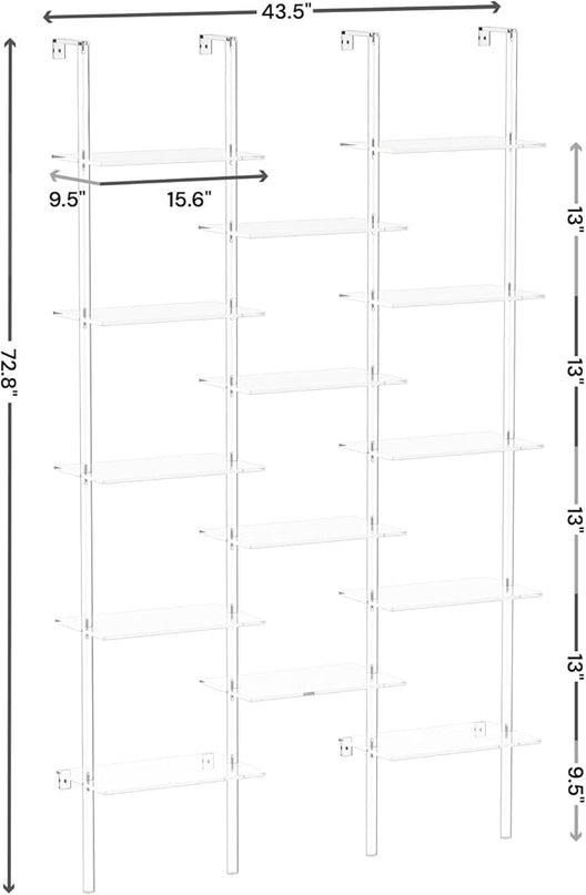Acrylic Bookshelf, Wall Mounted, 5-Tier Clear Ladder Bookshelf with 14 Open Shelves, Multipurpose Bookcase for Living Room, Bathroom, Office, Modern, 9.5" D x 43.5" W x 72.8" H - LeafyLoom