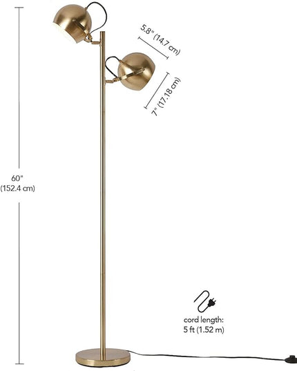 Globe Electric 67515 61" 2-Light Floor, Matte, Adjustable Lamp Heads, in-Line On Off Foot Switch, Miles (Brass) - LeafyLoom