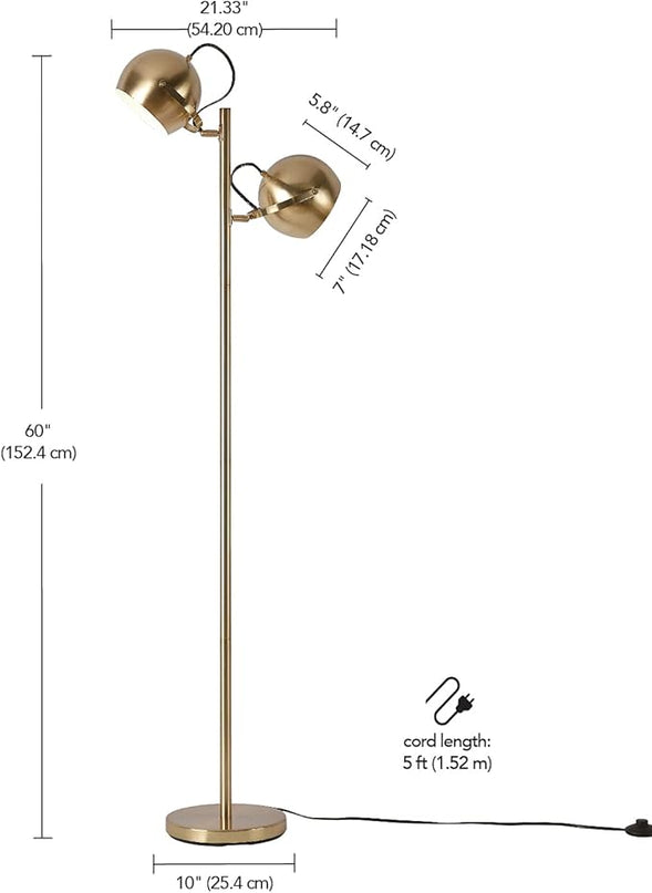 Globe Electric 67515 61" 2-Light Floor, Matte, Adjustable Lamp Heads, in-Line On Off Foot Switch, Miles (Brass) - LeafyLoom
