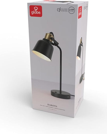 Globe Electric 30297 18" Desk Lamp with 2.1 USB Port, Matte Black, Brass Accents, Push Button On/Off Switch, Home Décor, Desk Lamps for Home Office, Home Office Accessories, Home Improvement - LeafyLoom