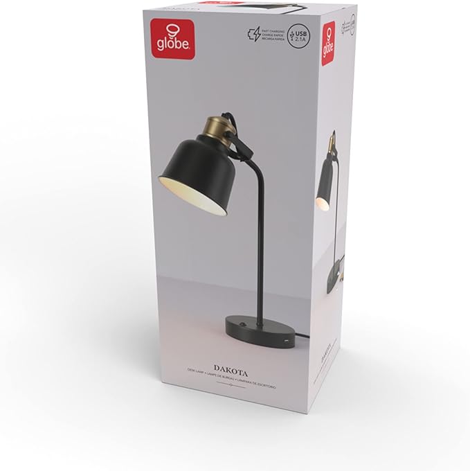 Globe Electric 30297 18" Desk Lamp with 2.1 USB Port, Matte Black, Brass Accents, Push Button On/Off Switch, Home Décor, Desk Lamps for Home Office, Home Office Accessories, Home Improvement - LeafyLoom