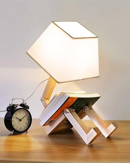 ELINKUME Cute Robot Desk Lamp,Dimmable Bedside Table Lamps,Square Lampshade Night Light with Foldable Solid Wood Body,Fun Kids Lamp, Nightstand lamp for Bedroom,Study,Office,Living room(Gift) - LeafyLoom