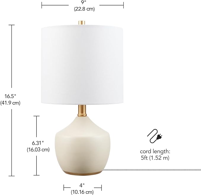 Globe Electric Novogratz x 61000042 Novogratz x Globe 16" Ceramic Table Lamp, Cream Finish, Concrete Textured Body, Brass Base, White Linen Shade, Brass Accents, On/Off Rotary Switch on Socket - LeafyLoom