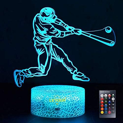 LETOUR Night Light for Kids Baseball 3D Night Light Porpoise Illusion Lamp with Remote Control 16 Color Changing Xmas Halloween Birthday Gift for Child Baby Boy (Remote - Ice Crack Base) - LeafyLoom