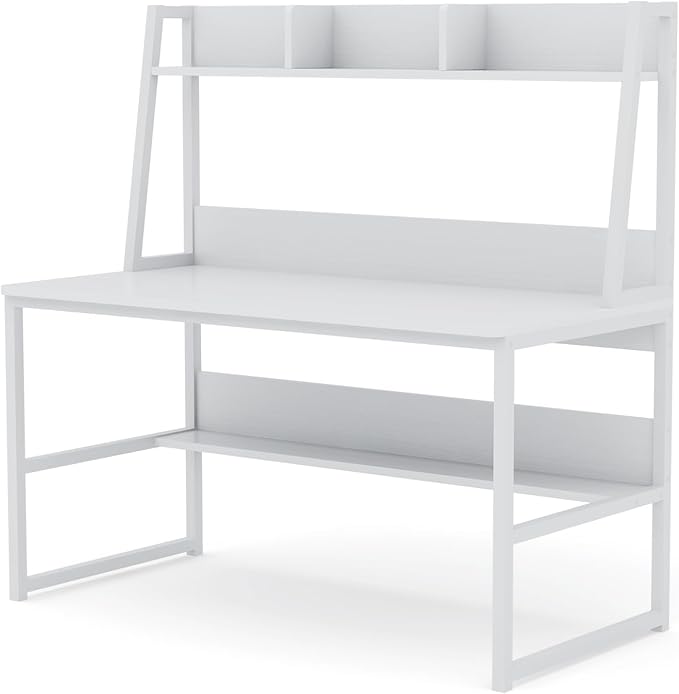 Tribesigns Computer Desk with Hutch, 47 inches Home Office Desk with Space Saving Design with Bookshelf for Small Spaces (All White, 47) - LeafyLoom