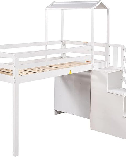 Stairway Twin over Full House Bunk Bed with Storage Shelves & Roof Design,Wooden Bunkbeds wtih Safety Guardrails for Kids/Teen/Adults Bedroom,Space Saving, White - LeafyLoom