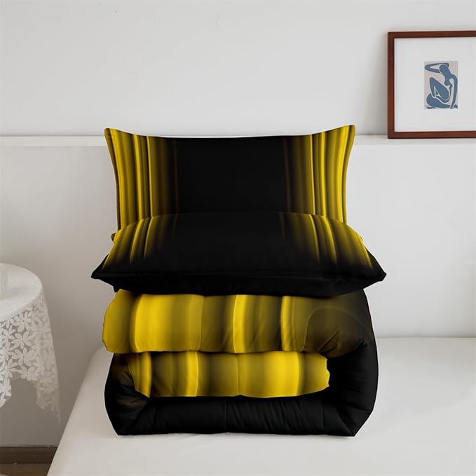 Geometric Abstract Ombre Bedding Bed Set Men Adults Teens Yellow and Black Striped Comforter Set Kids Boys Girls Simple Modern Comforter Inner Fill Bedroom Collection 3Pcs Queen Size - LeafyLoom