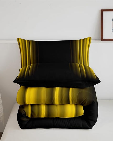 Geometric Abstract Ombre Bedding Bed Set Men Adults Teens Yellow and Black Striped Comforter Set Kids Boys Girls Simple Modern Comforter Inner Fill Bedroom Collection 3Pcs Full Size - LeafyLoom
