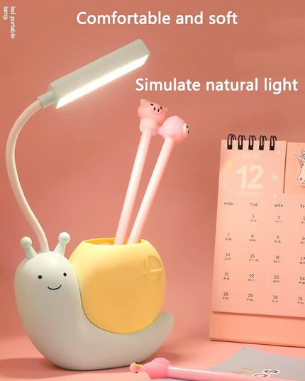 Cute Kids Lamp with Pen Holder,LED Desk Lamp for Child,Snail Shape USB Charging Student Learning Eye Protection Lamp with 360° Bendable Adjustable Neck Yellow - LeafyLoom