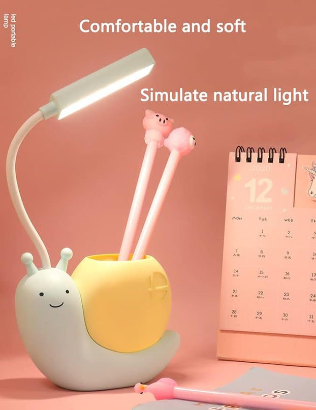 Cute Kids Lamp with Pen Holder,LED Desk Lamp for Child,Snail Shape USB Charging Student Learning Eye Protection Lamp with 360° Bendable Adjustable Neck Yellow - LeafyLoom