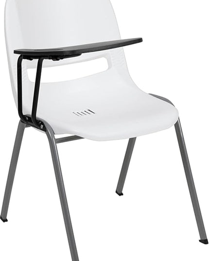 Flash Furniture HERCULES White Ergonomic Shell Chair with Right Handed Flip-Up Tablet Arm - LeafyLoom