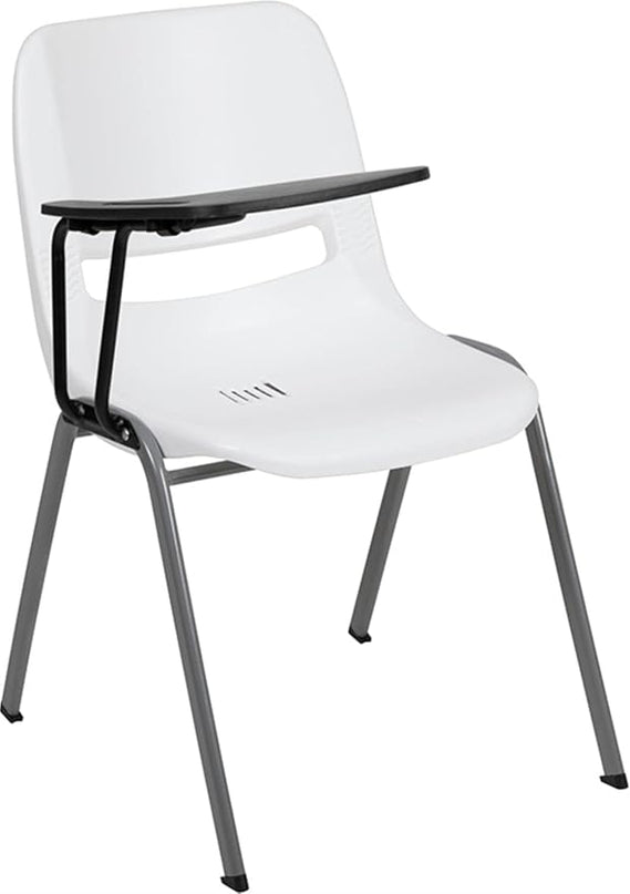 Flash Furniture HERCULES White Ergonomic Shell Chair with Right Handed Flip-Up Tablet Arm - LeafyLoom