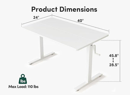 FEZIBO Crank Height Adjustable Desk, 40 Inches Manual Standing Desk, Writing Table with Handle, Home Office Desk with White Frame/White Table Top - LeafyLoom