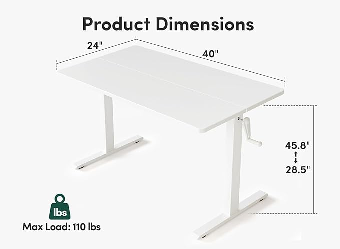 FEZIBO Crank Height Adjustable Desk, 40 Inches Manual Standing Desk, Writing Table with Handle, Home Office Desk with White Frame/White Table Top - LeafyLoom