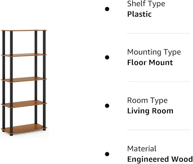 Furinno Turn-N-Tube 5-Tier Multipurpose Shelf / Display Rack / Storage Shelf / Bookshelf, Square Tubes, Light Cherry/Black - LeafyLoom