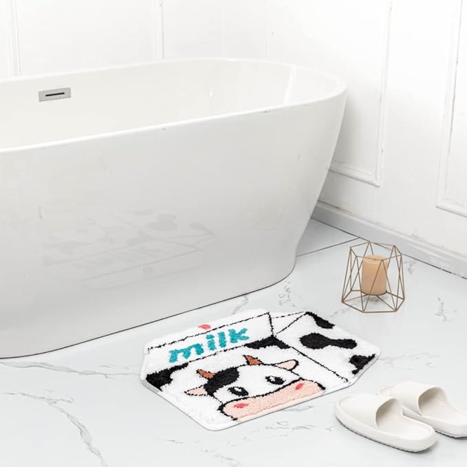 Milk Cow Bathroom Rugs Milk Box Shaped Animals Non Slip Cute Bath Rug Soft Absorbent Microfiber Bathtub Door Mat for Bathroom Kitchen Floor Tub Shower Rug Black White - LeafyLoom