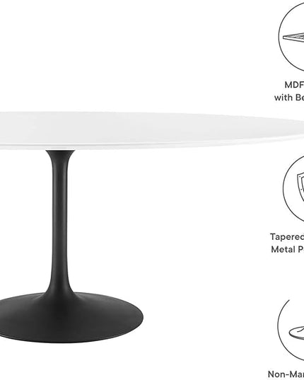 Modway Lippa 78" Oval-Shaped Mid-Century Modern Dining Table with White Wood Top and Black Base - LeafyLoom