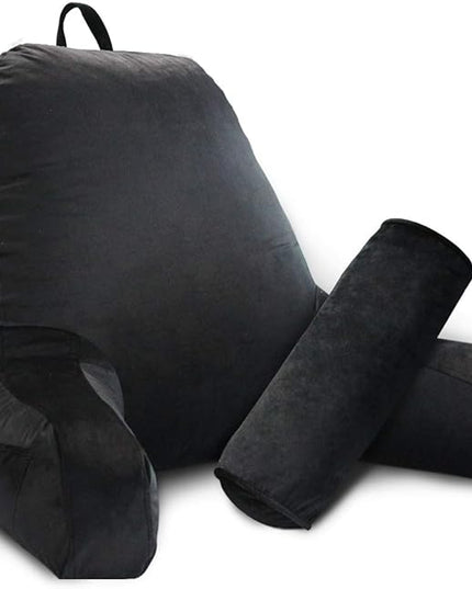 Shredded Foam Reading Pillow with Detachable Neck Roll & Big Bed Backrest Pillow for Bed with Arms and Side Pocket - Perfect for Back Support While Relaxing, Gaming, Reading - LeafyLoom