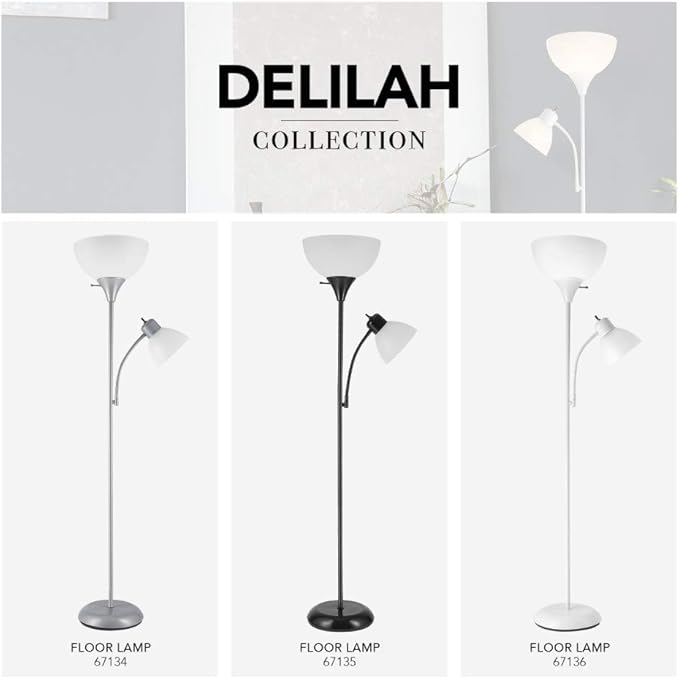 Globe Electric 67134 72" Torchiere Floor Lamp + Adjustable Reading Light, Silver, Frosted Plastic Shade, 3-Step Rotary Switch on Socket, Living Room Décor, Reading Light, Home Essentials, Bedroom - LeafyLoom